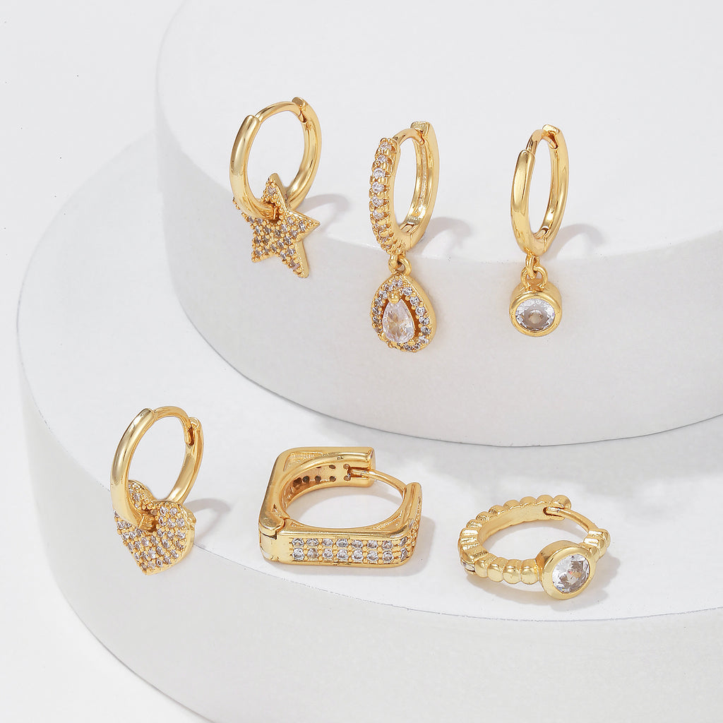 Star Heart And Teardrop Huggie Earring Set - Gold - 2