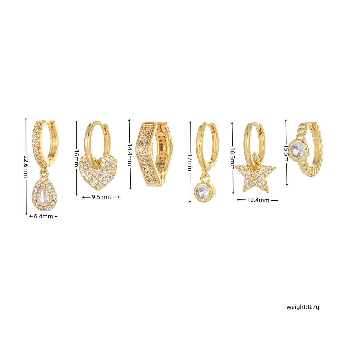 Star Heart And Teardrop Huggie Earring Set - Gold - 3