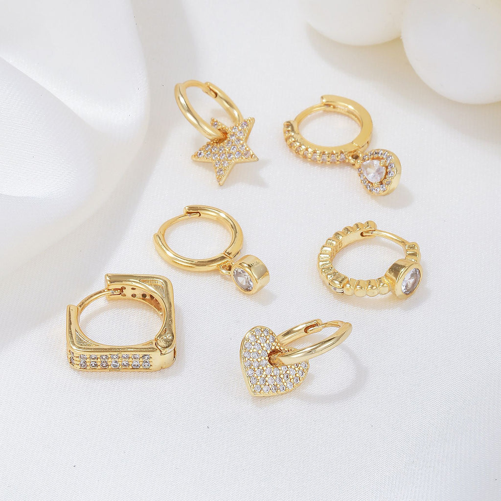 Star Heart And Teardrop Huggie Earring Set - Gold - 4