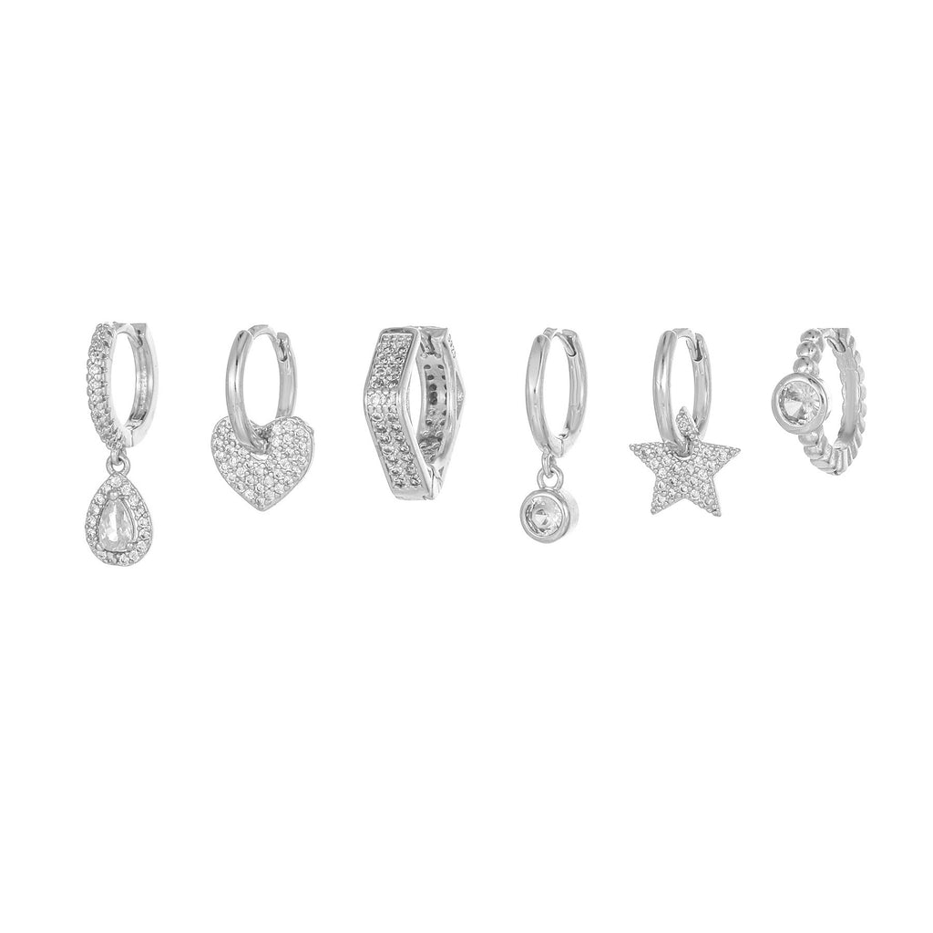 Star Heart And Teardrop Huggie Earring Set - Silvery