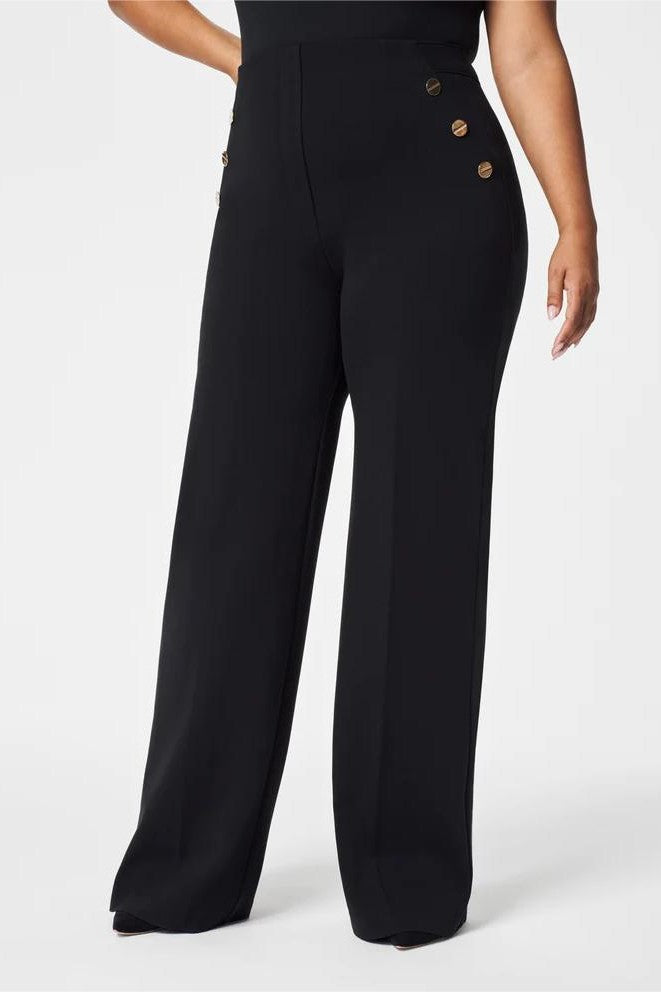 Button Detail High Waist Wide Leg Pants - Black