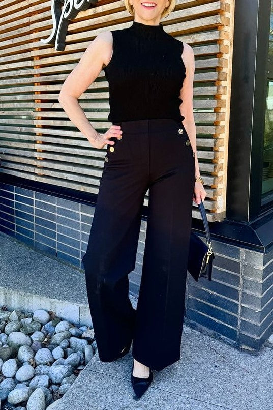 Button Detail High Waist Wide Leg Pants - Black - 1