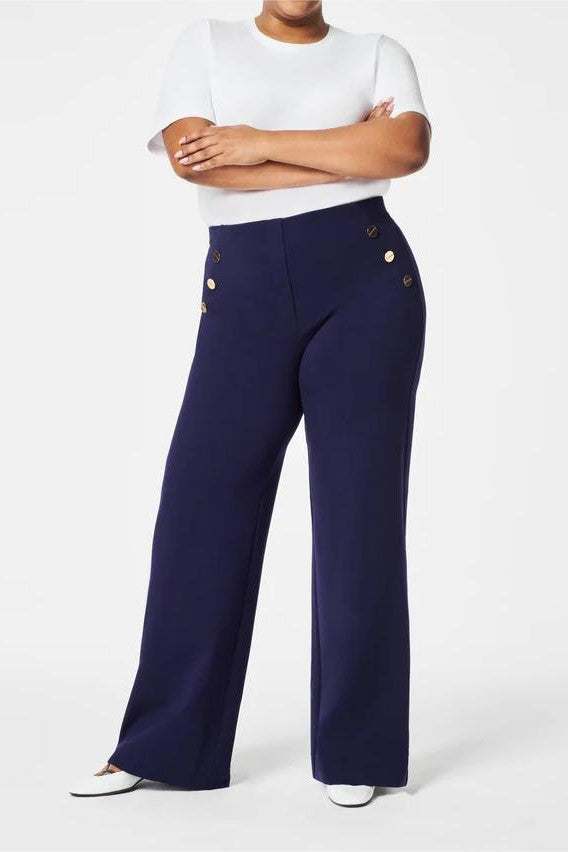 Button Detail High Waist Wide Leg Pants - Navy