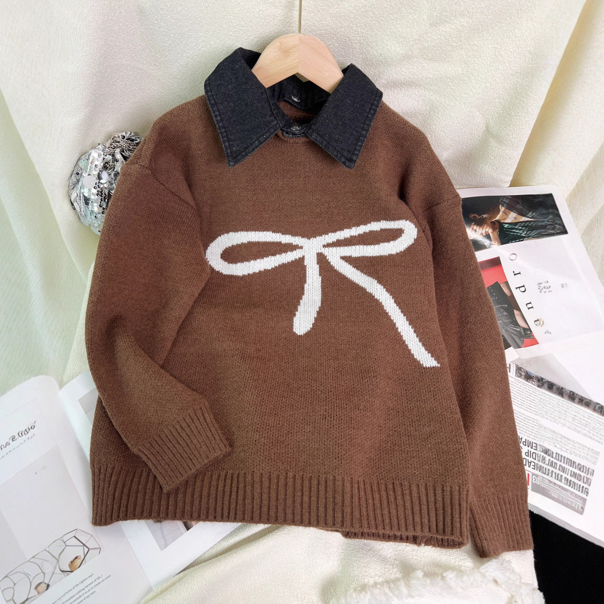 Bow Motif Collared Knit Sweater - Brown