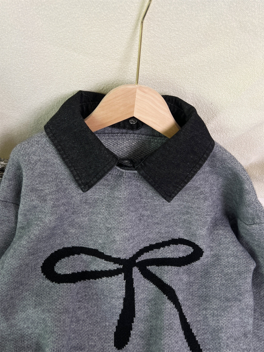 Bow Motif Collared Knit Sweater - Grey - 1