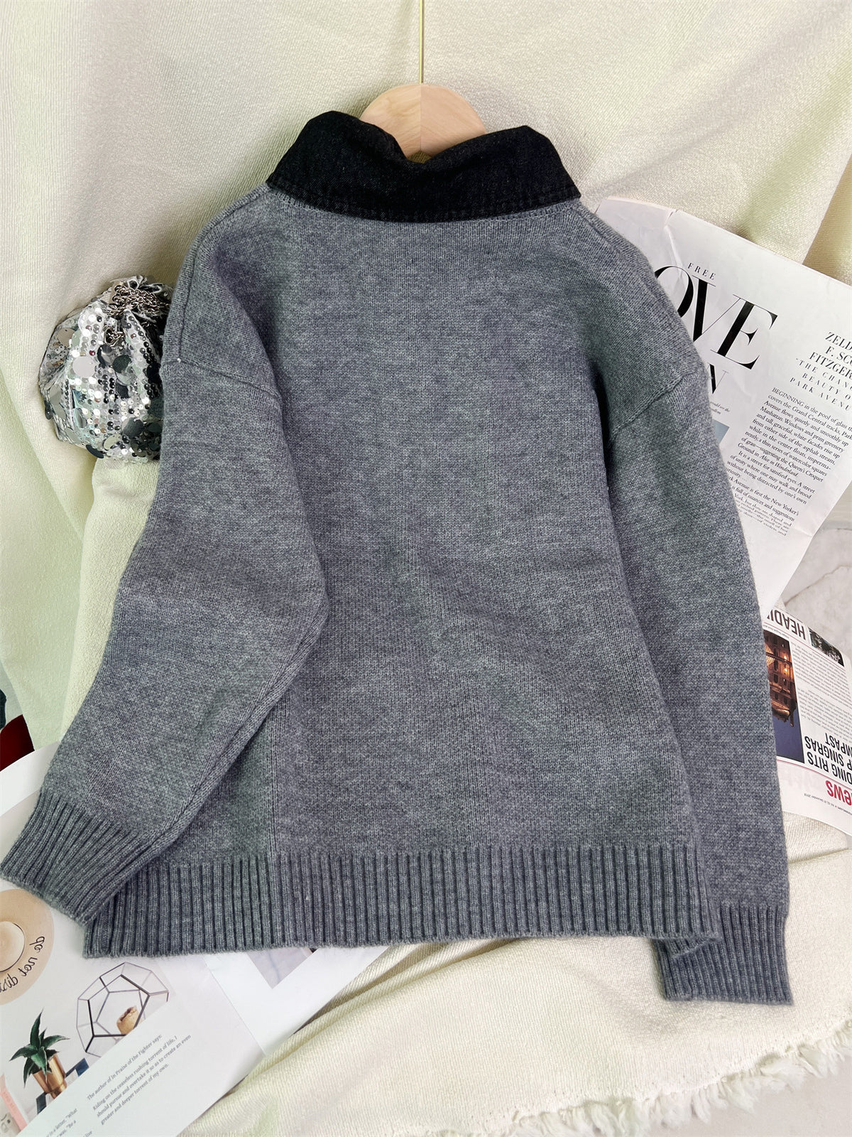Bow Motif Collared Knit Sweater - Grey - 3