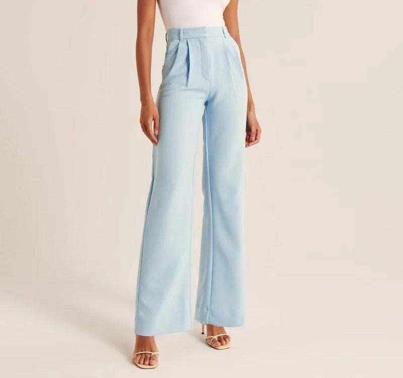 Pleated High Waist Wide Leg Suit Trousers - Blue