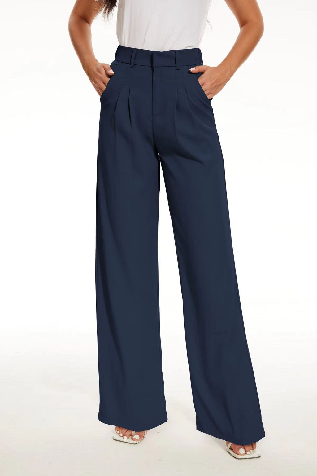 Pleated High Waist Wide Leg Suit Trousers - DeepBlue