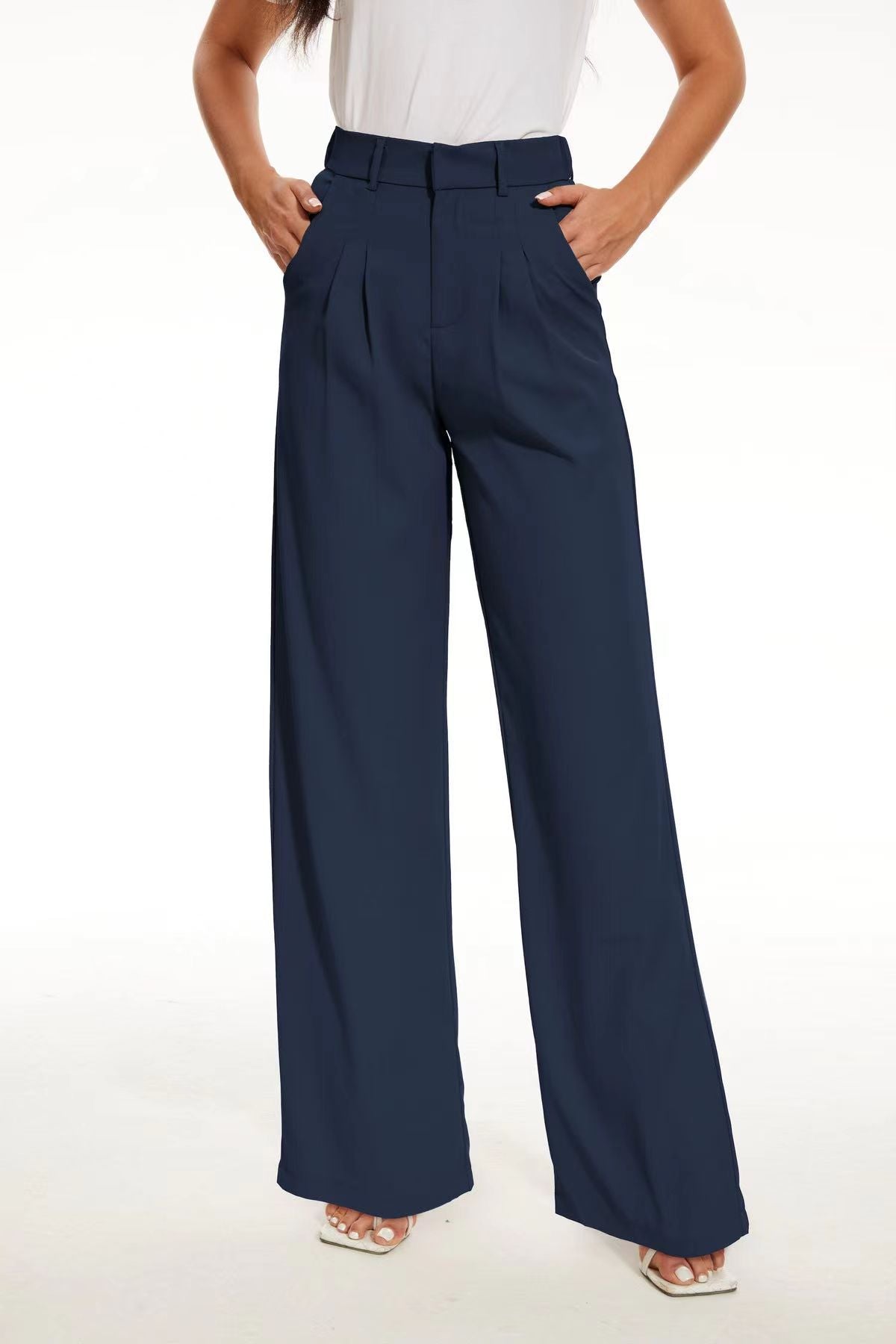Pleated High Waist Wide Leg Suit Trousers - DeepBlue