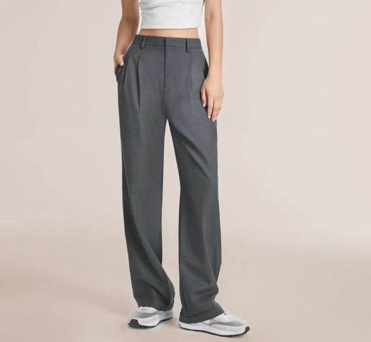 Pleated High Waist Wide Leg Suit Trousers - Grey