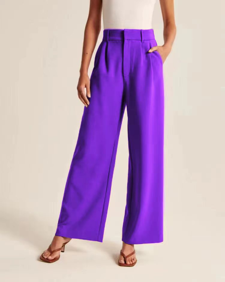 Pleated High Waist Wide Leg Suit Trousers - Purple