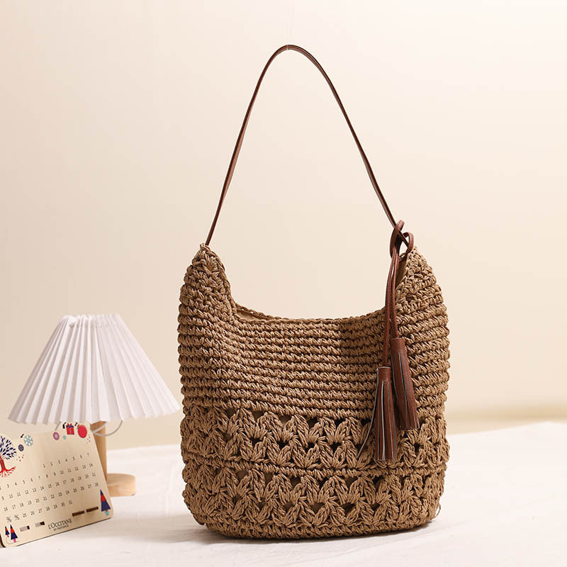 Openwork Woven Tassel Hobo Shoulder Bag - Color_1