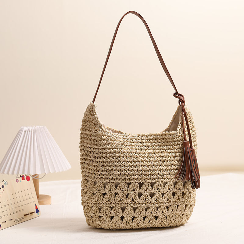 Openwork Woven Tassel Hobo Shoulder Bag - Color_2