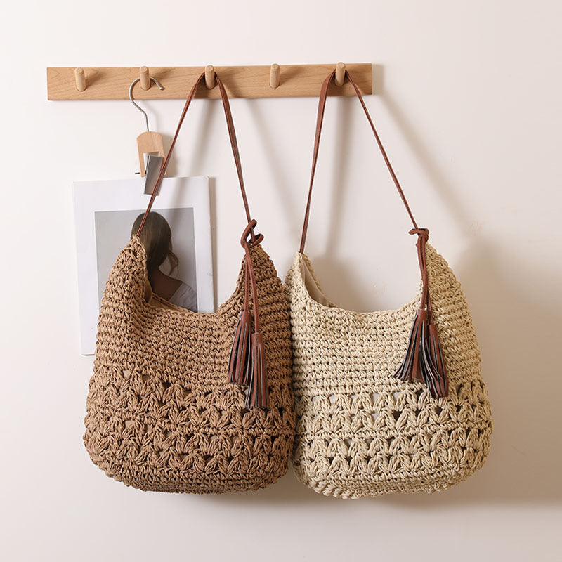 Openwork Woven Tassel Hobo Shoulder Bag