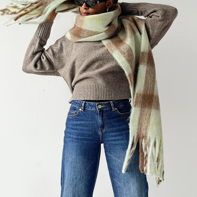 Soft Tartan Check Winter Wrap Scarf - BrownGreen