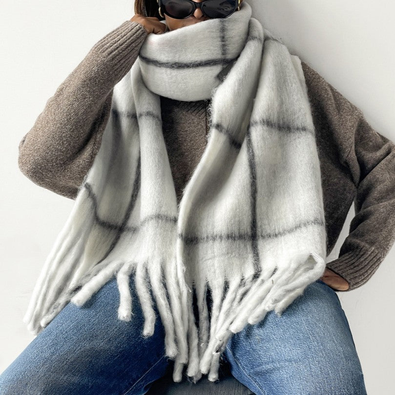 Soft Tartan Check Winter Wrap Scarf - Grey