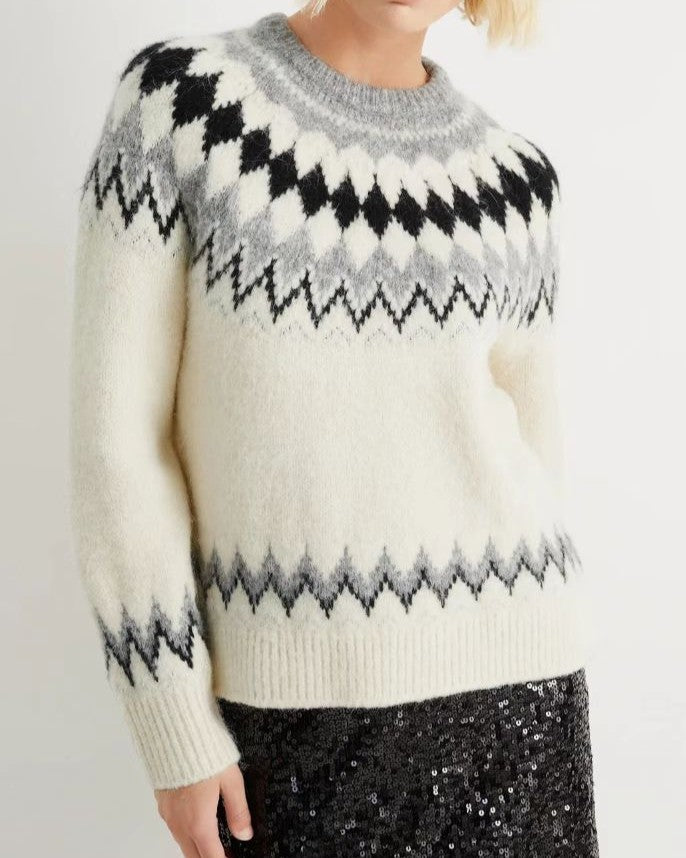 Fair Isle Yoke Crewneck Knit Pullover - C10