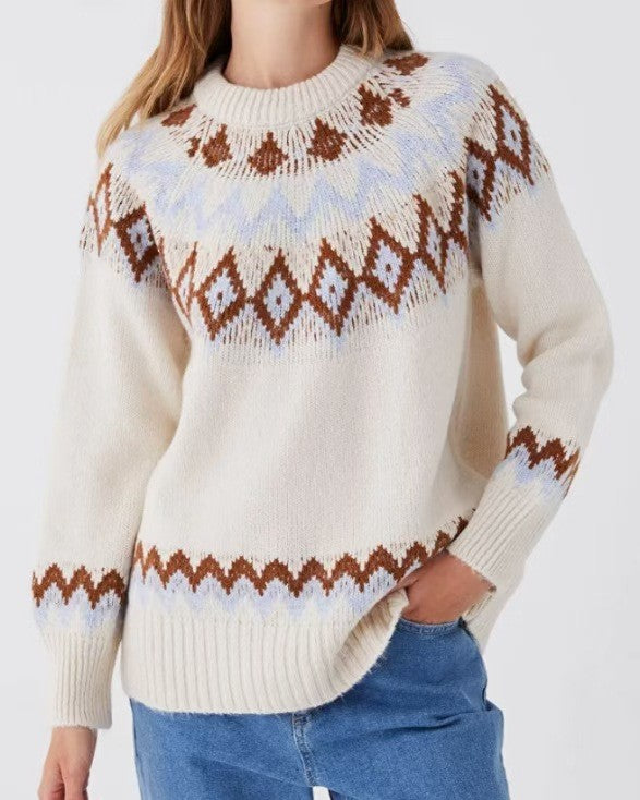 Fair Isle Yoke Crewneck Knit Pullover - C15