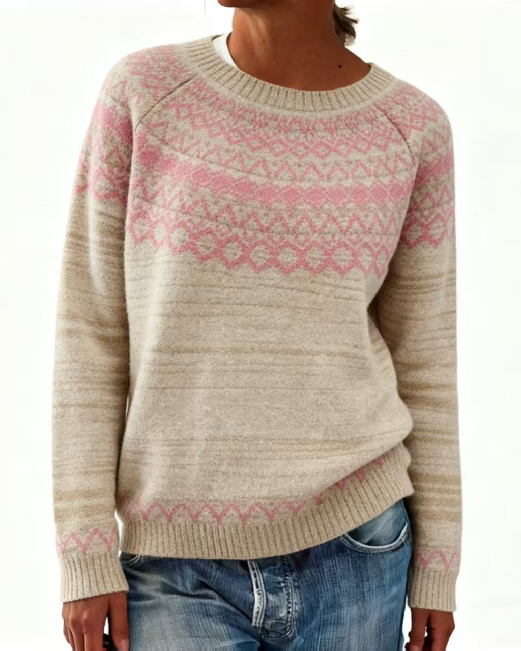 Fair Isle Yoke Crewneck Knit Pullover - C20
