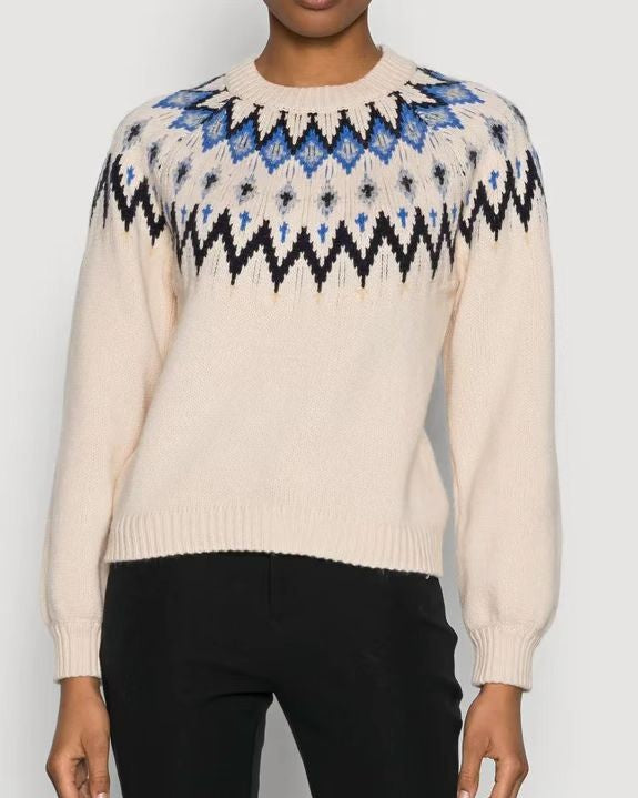 Fair Isle Yoke Crewneck Knit Pullover - C4