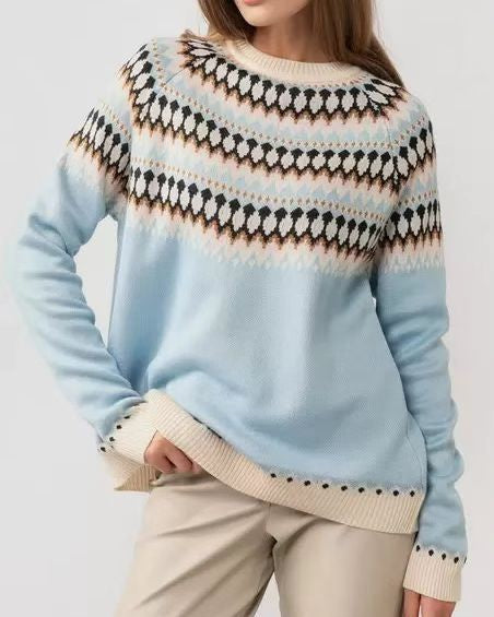 Fair Isle Yoke Crewneck Knit Pullover - C5