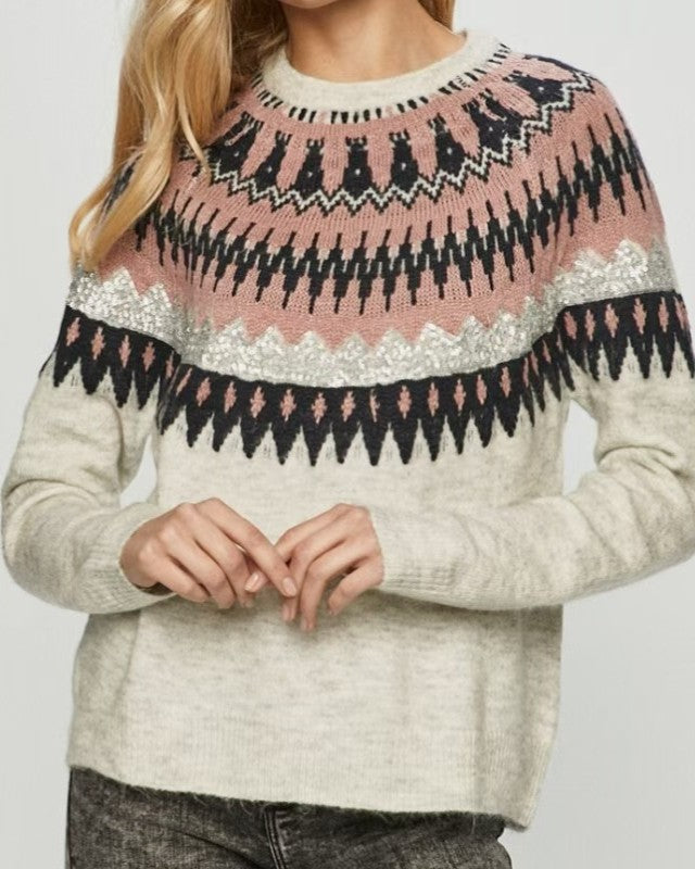 Fair Isle Yoke Crewneck Knit Pullover - C6