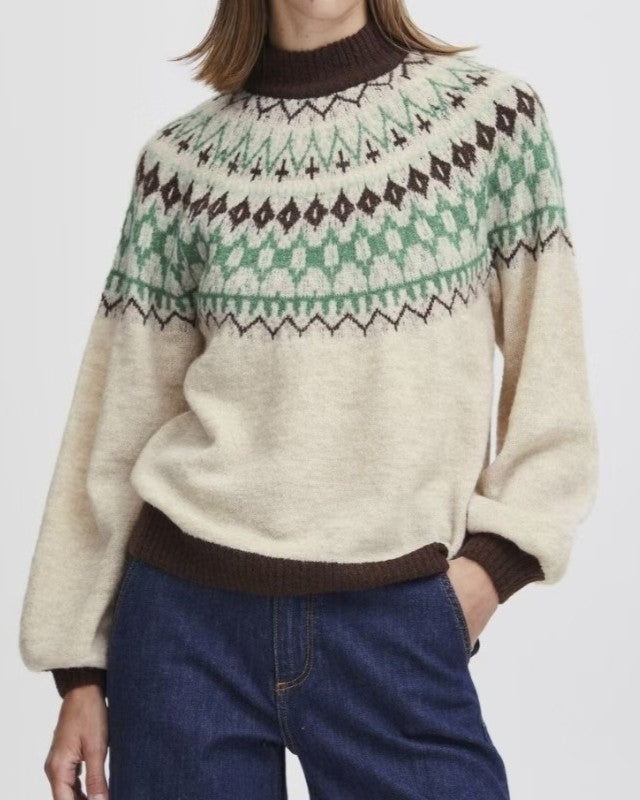 Fair Isle Yoke Crewneck Knit Pullover - C9 - 1