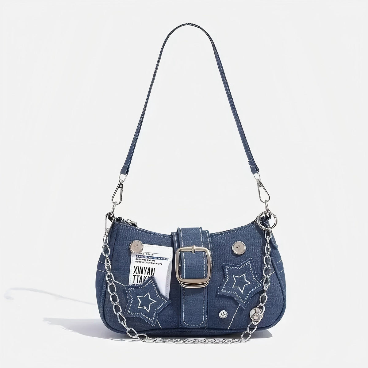 Y2K Denim Star Patch Buckle Shoulder Bag