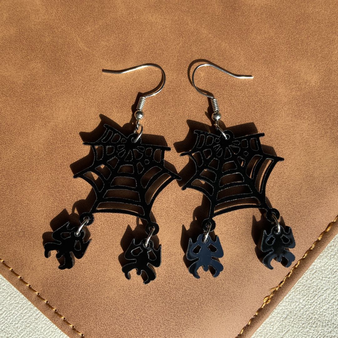 Gothic Bat Spiderweb Dangle Earrings - C4