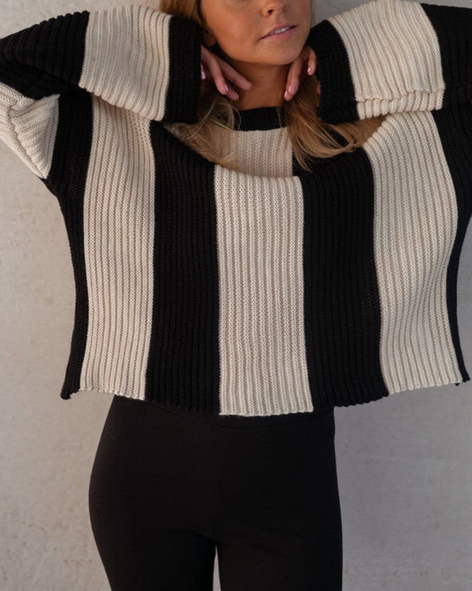 Wide Stripe Drop Shoulder Pullover Sweater - Black - 1