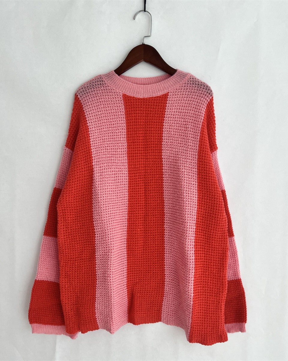 Wide Stripe Drop Shoulder Pullover Sweater - Pink