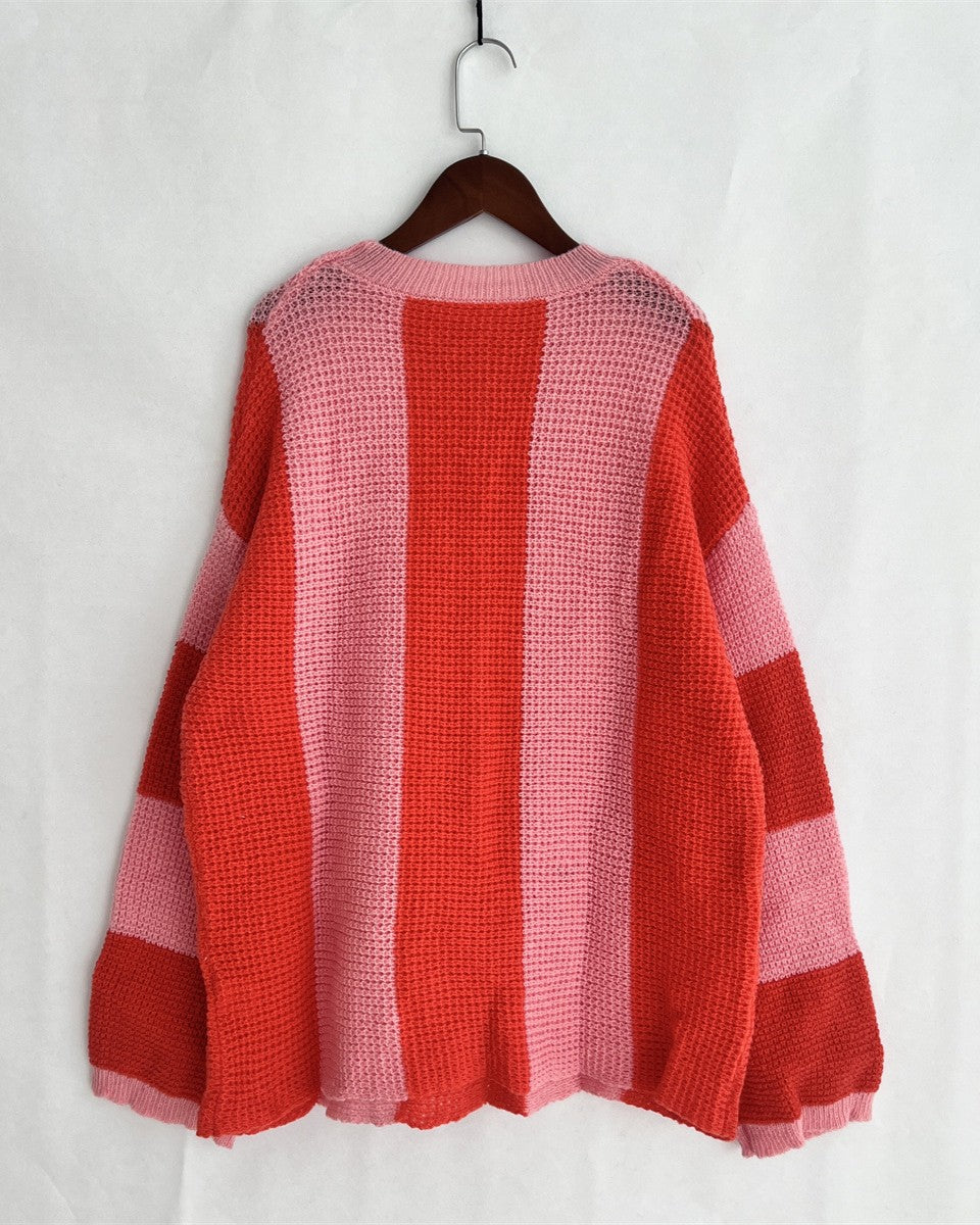 Wide Stripe Drop Shoulder Pullover Sweater - Pink - 1