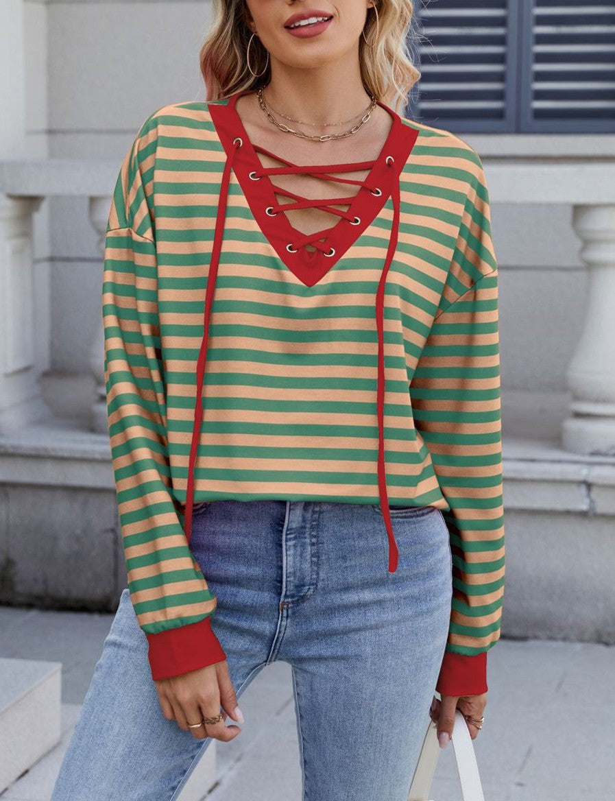 Striped Lace Up V Neck Sweatshirt - Khaki