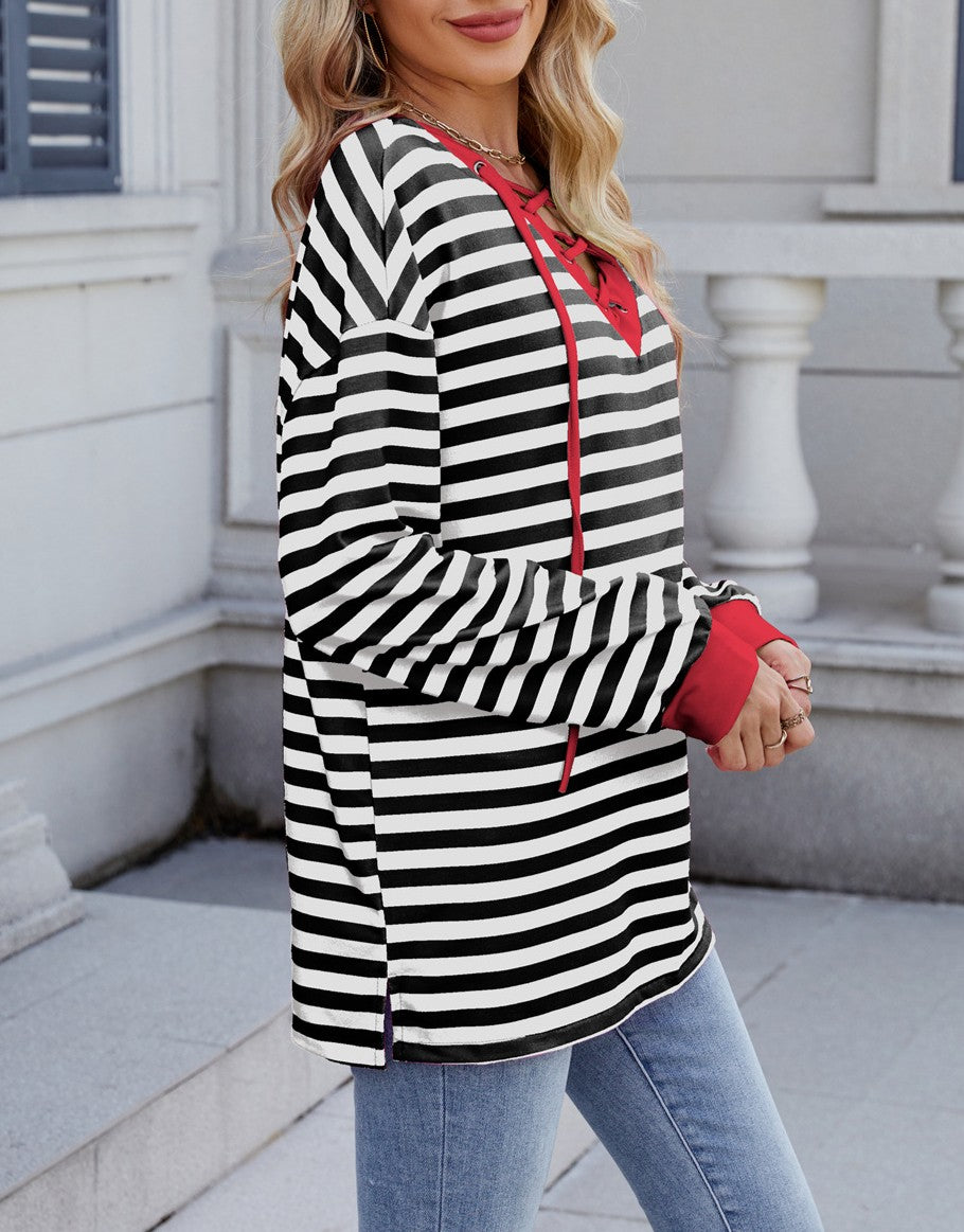 Striped Lace Up V Neck Sweatshirt - Red