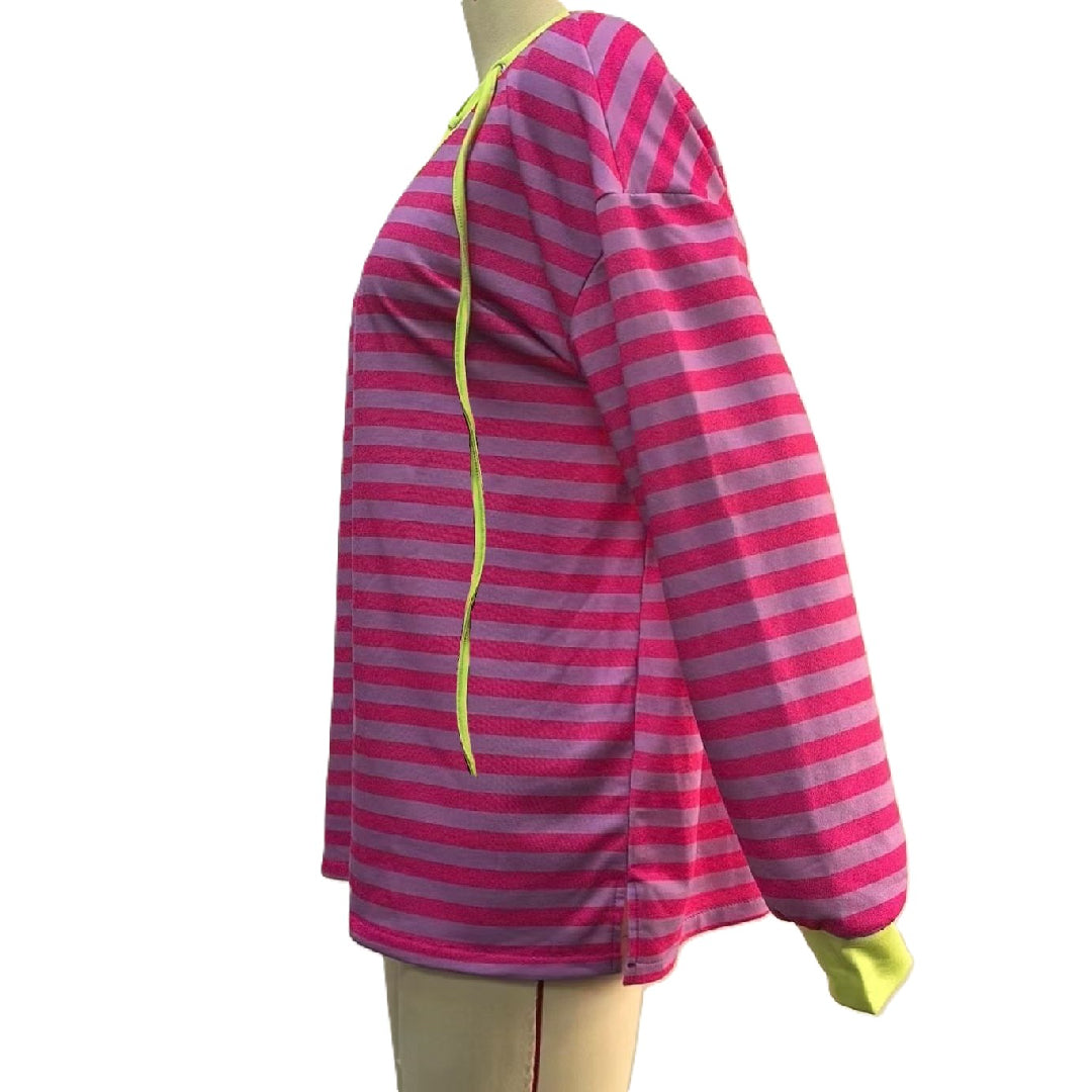 Striped Lace Up V Neck Sweatshirt - Rosered - 1