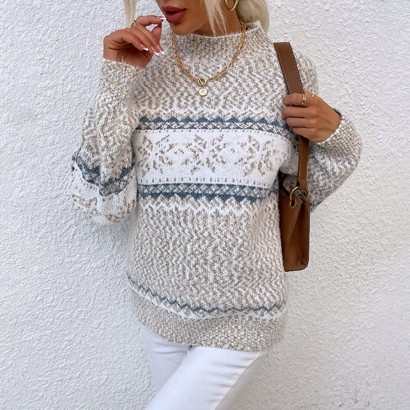 Marled Snowflake Stripe Mock Neck Sweater - Apricot