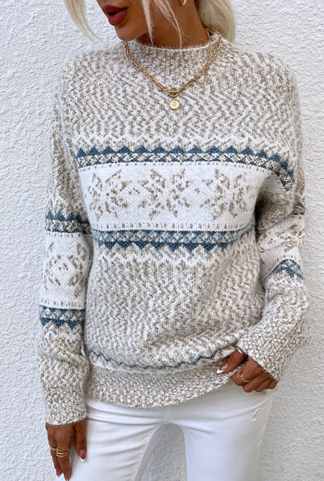 Marled Snowflake Stripe Mock Neck Sweater - Apricot - 1
