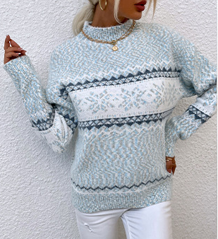 Marled Snowflake Stripe Mock Neck Sweater - Blue - 2