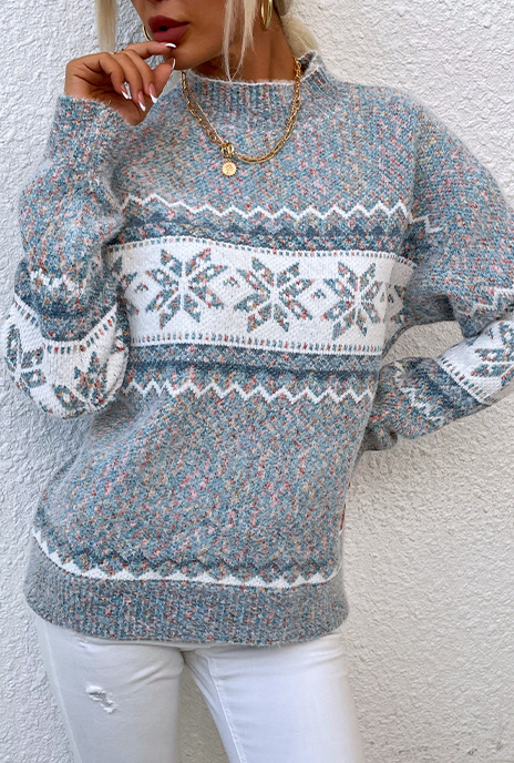 Marled Snowflake Stripe Mock Neck Sweater - Grey - 1