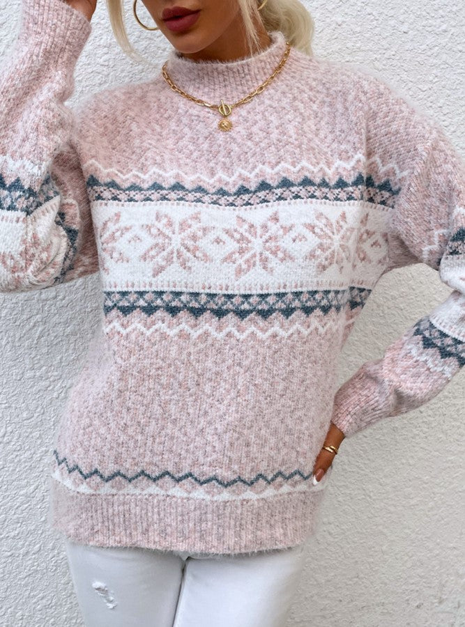 Marled Snowflake Stripe Mock Neck Sweater - Pink