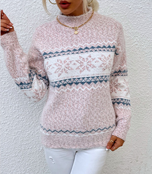 Marled Snowflake Stripe Mock Neck Sweater - Pink - 1