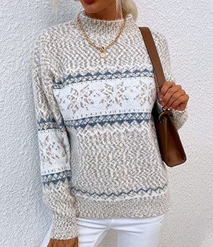 Marled Snowflake Stripe Mock Neck Sweater
