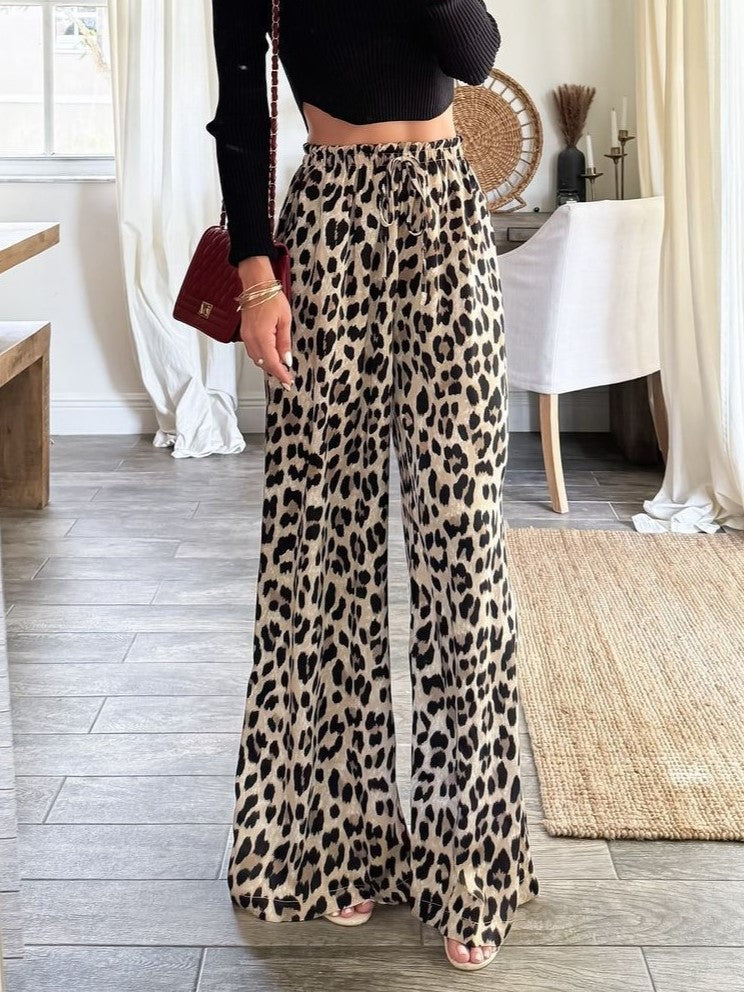 Spotted Animal Print Flowing Wide Leg Pants - Leopard