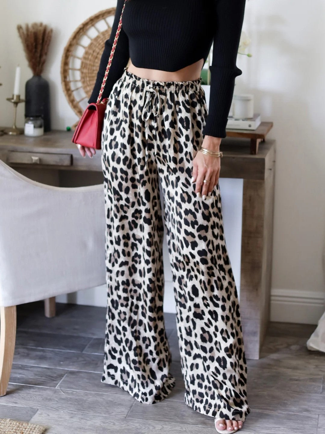 Spotted Animal Print Flowing Wide Leg Pants - Leopard - 2