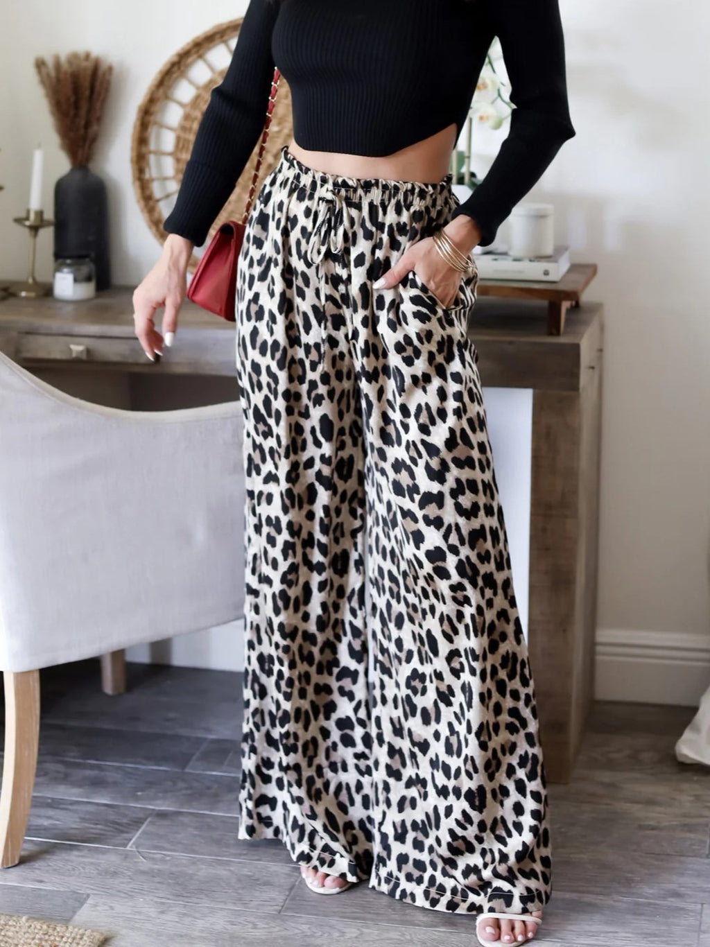 Spotted Animal Print Flowing Wide Leg Pants - Leopard - 3