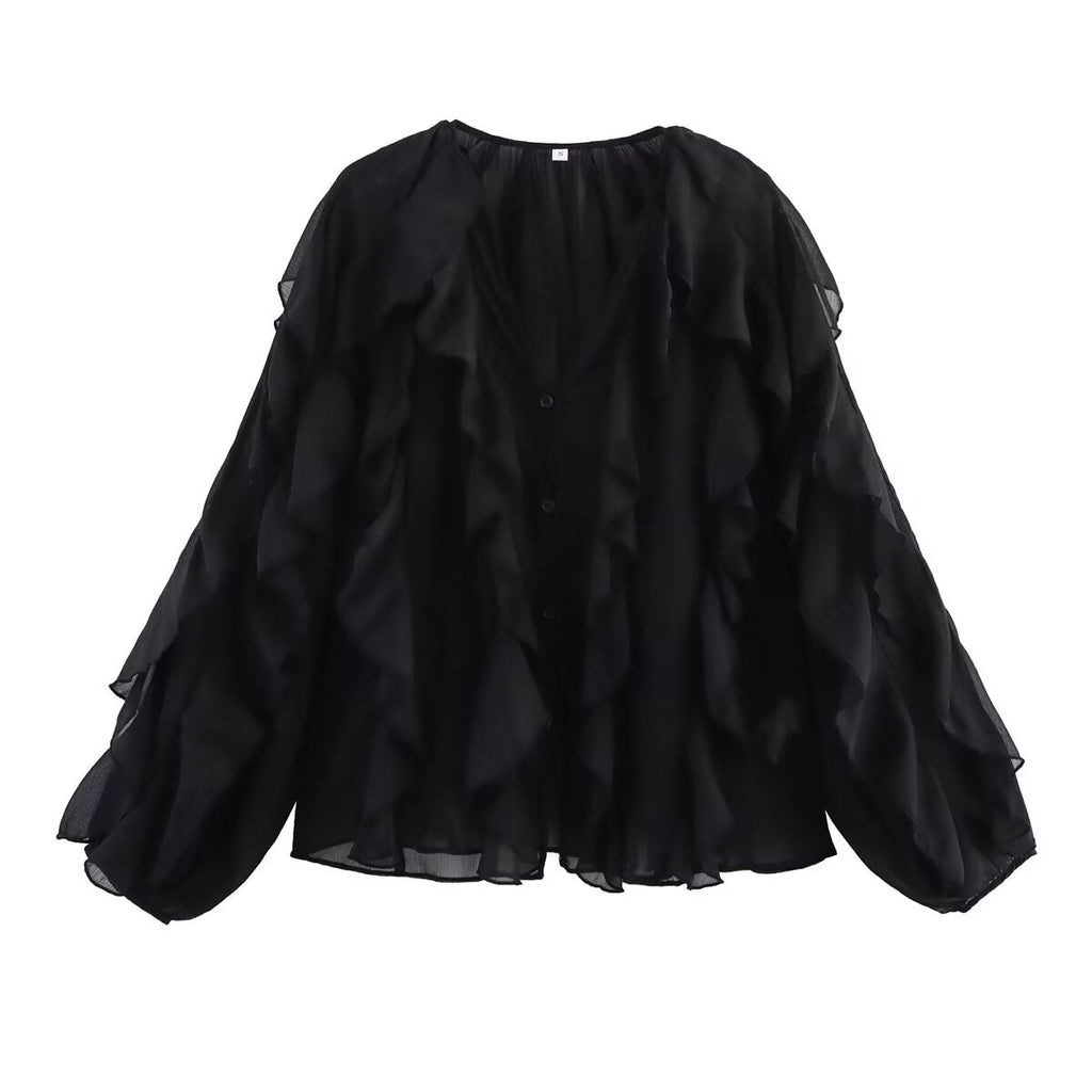 Cascading Ruffle Sheer Button Front Shirt - Black