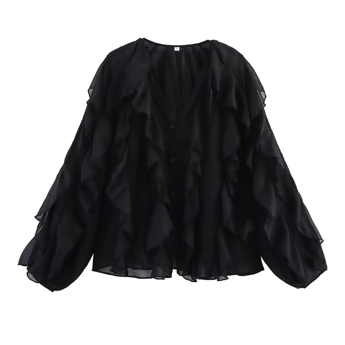 Cascading Ruffle Sheer Button Front Shirt - Black