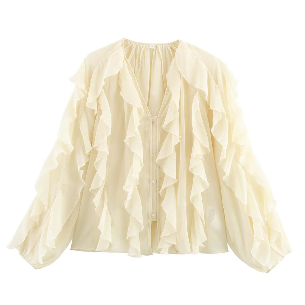 Cascading Ruffle Sheer Button Front Shirt - OffWhite