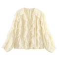 Cascading Ruffle Sheer Button Front Shirt - OffWhite