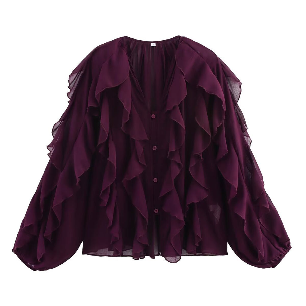 Cascading Ruffle Sheer Button Front Shirt - Red